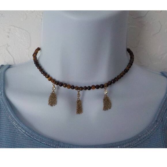 Etikka Choker Necklace Tiger Eye Round Stone with 3 Crystals accents Length 16" - Picture 1 of 12